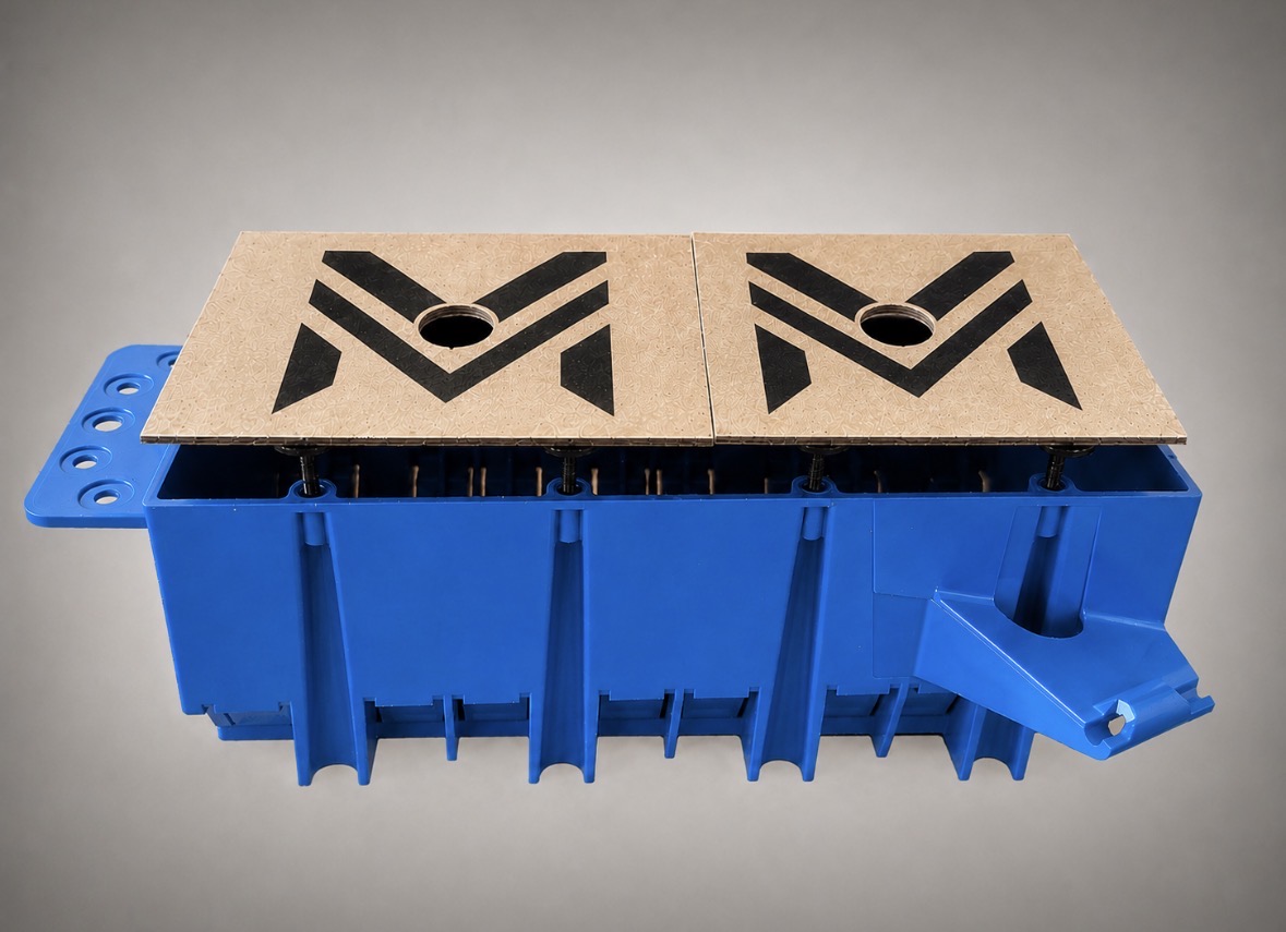 Front view of M-Plates on a four-gang electrical box