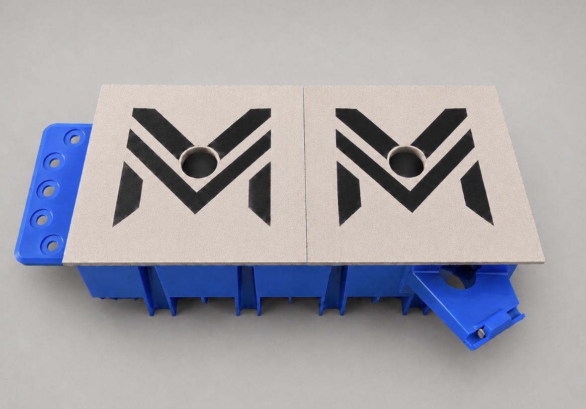Four-gang electrical box covered by two M-Plates